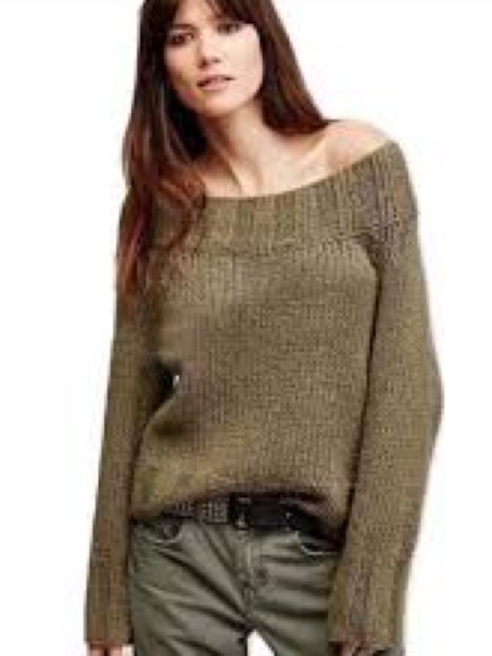 Free People Beachy Knit off the Shoulder Sweater in Olive Green Size Medium